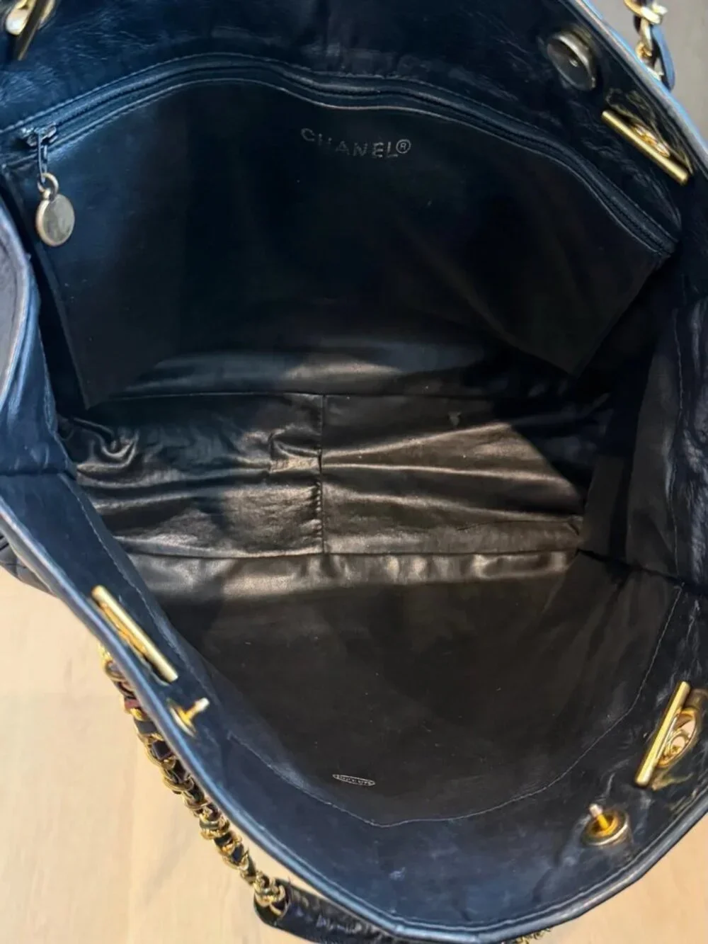 CHANEL Black Quilted Leather Shoulder Tote with Gold Chain Hardware